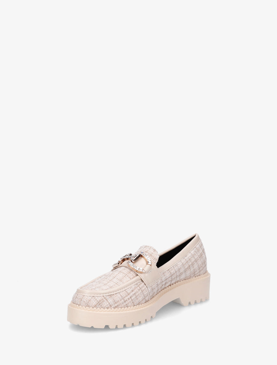 Mocassins en tweed à boucle strassée - Beige - 3