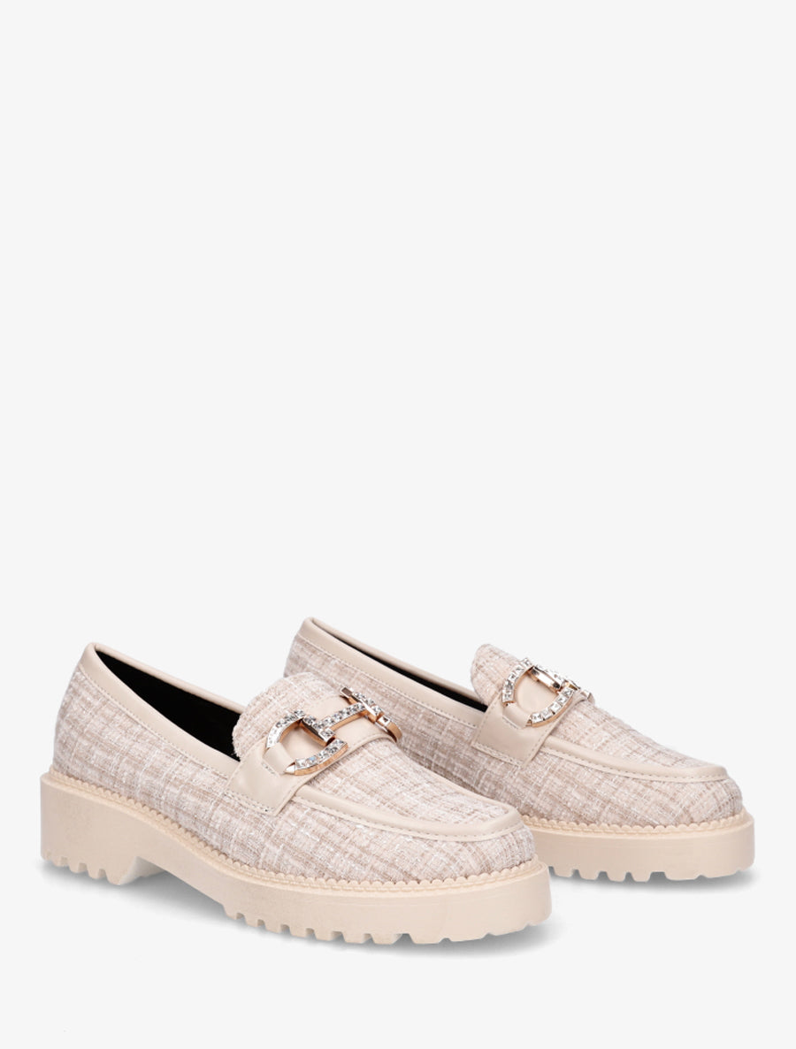 Mocassins en tweed à boucle strassée - Beige - 4