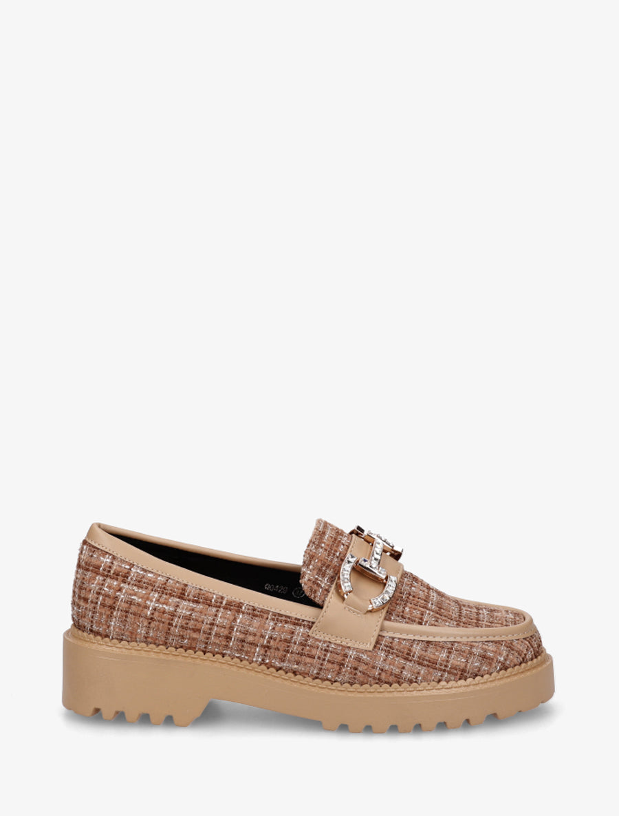 Mocassins en tweed à boucle strassée - Camel - 1