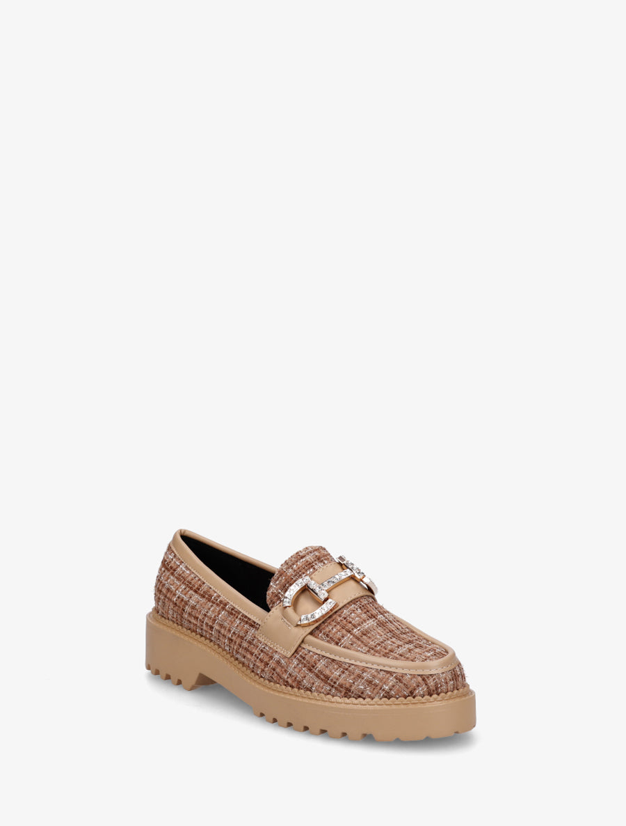 Mocassins en tweed à boucle strassée - Camel - 2