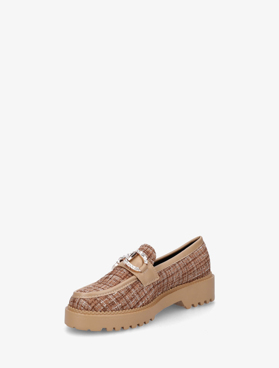 Mocassins en tweed à boucle strassée - Camel - 3