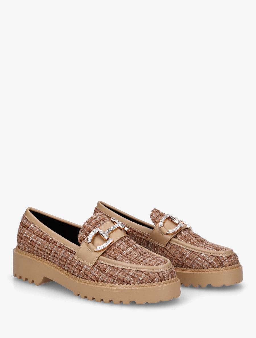 Mocassins en tweed à boucle strassée - Camel - 4