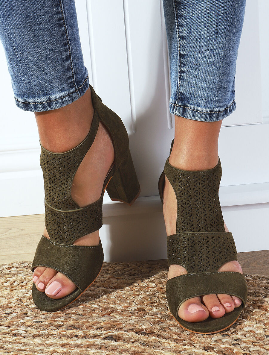 Sandales à talon et bride ajourée en suédine - Kaki - 1