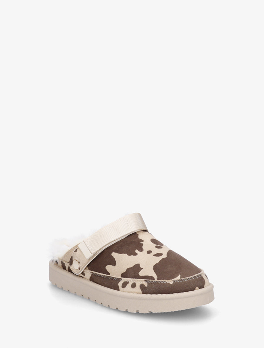 Mules fourrées en suédine imprimé vache - Beige - 2