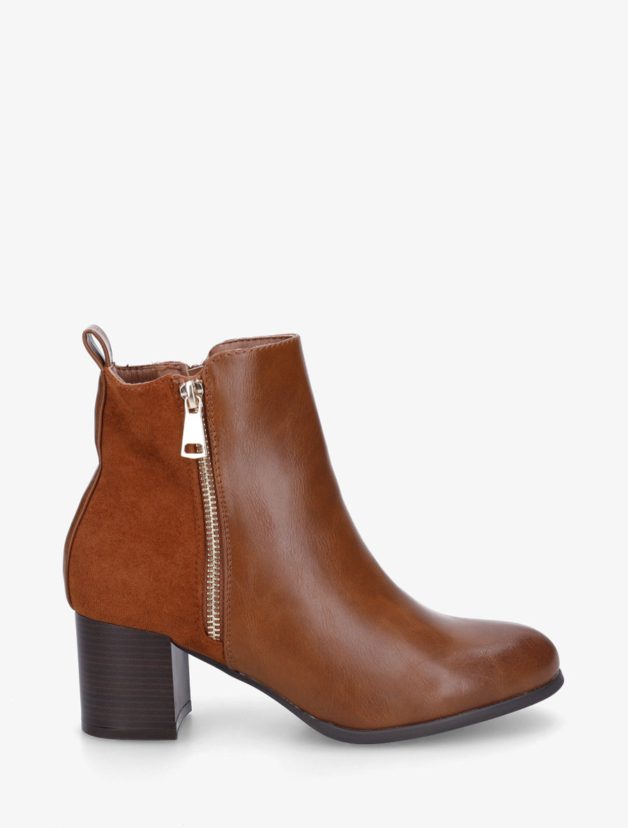 Bottines bimatière à zip décoratif - Camel - 1