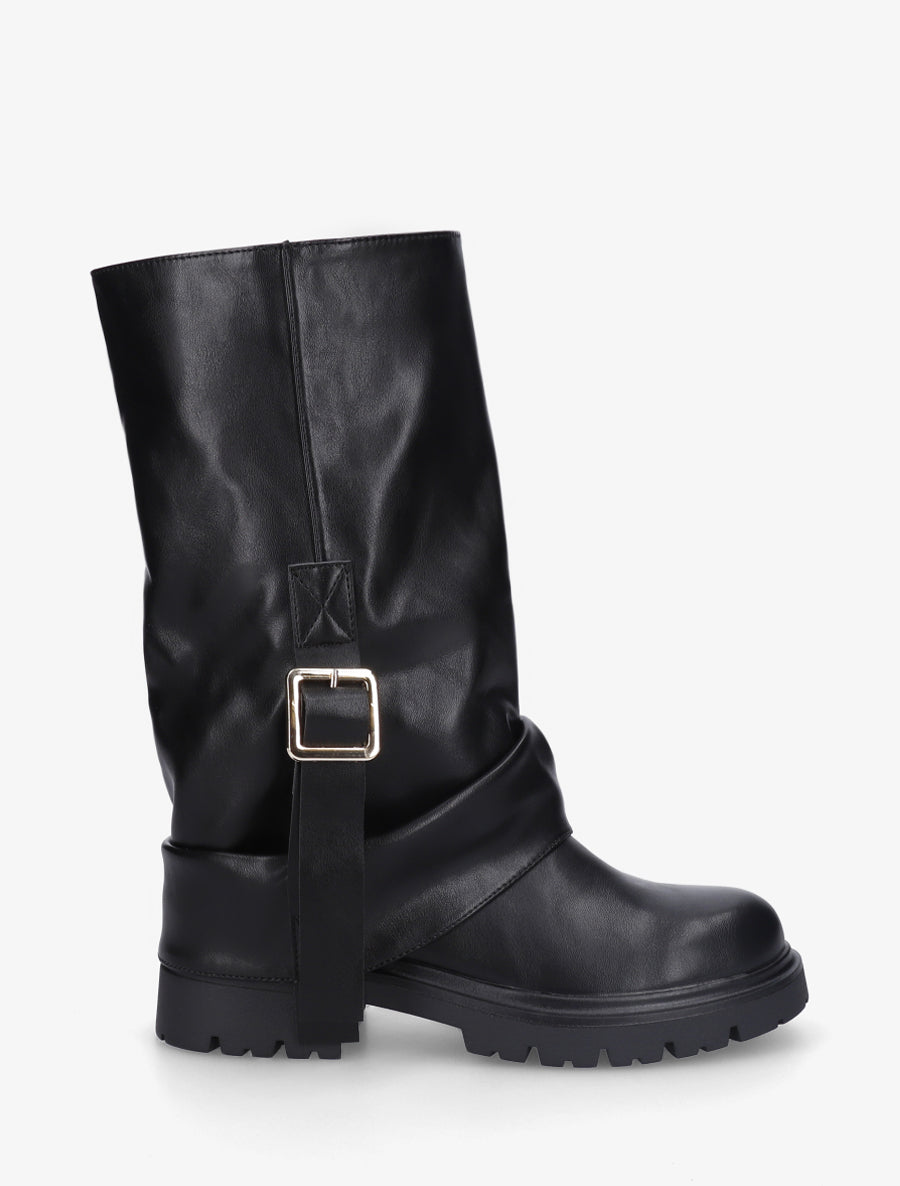 Bottines à revers et sanglées en simili - Noir - 1