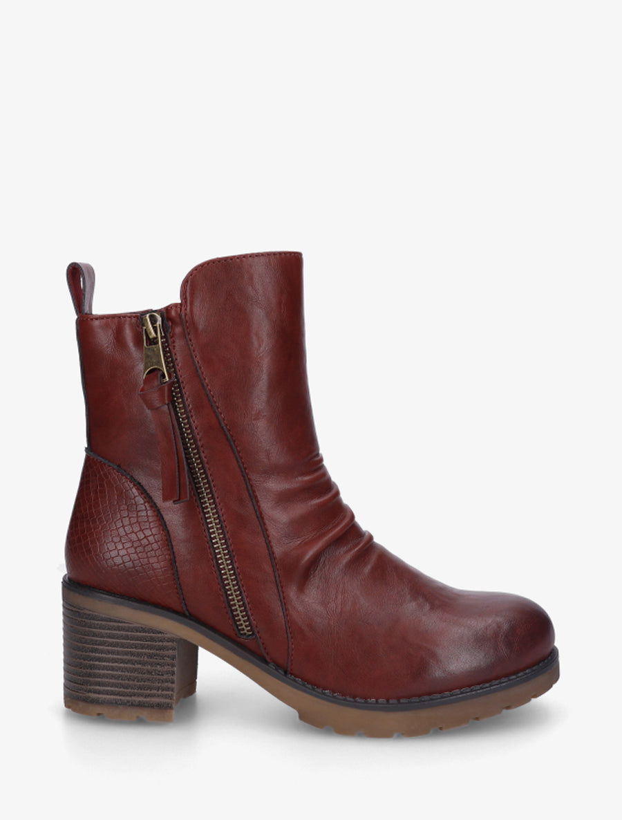 Bottines effet froissé et zip décoratif - Bordeaux - 1