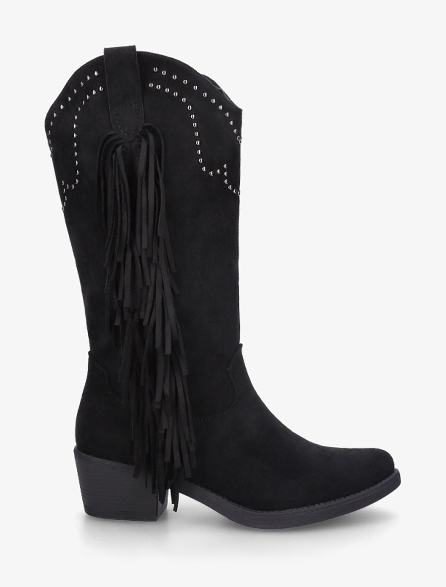 Bottines montantes cloutées et à franges - Noir - 1
