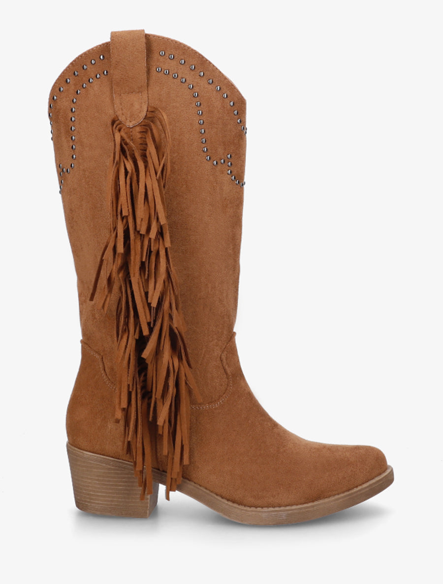 Bottines montantes cloutées et à franges - Camel - 1