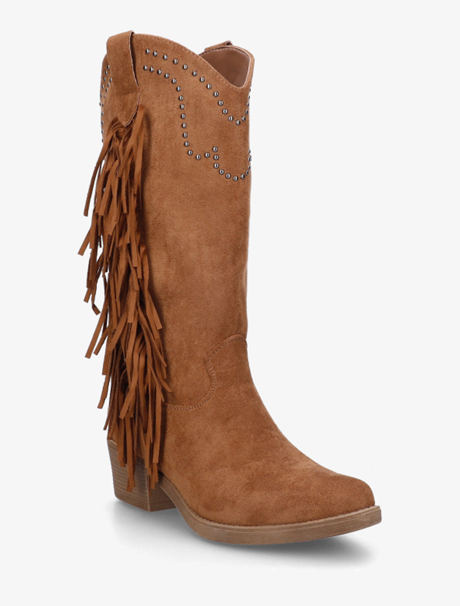 Bottines montantes cloutées et à franges - Camel - 2