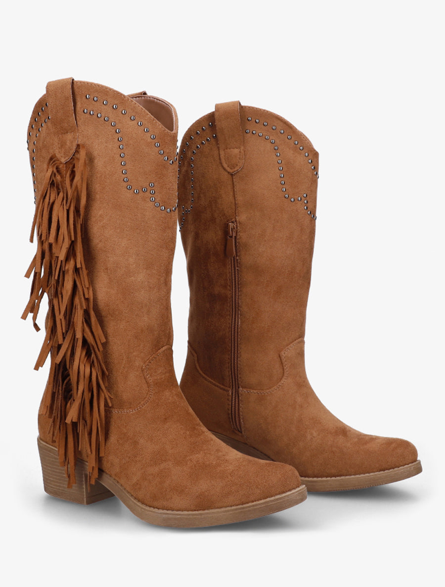 Bottines montantes cloutées et à franges - Camel - 4
