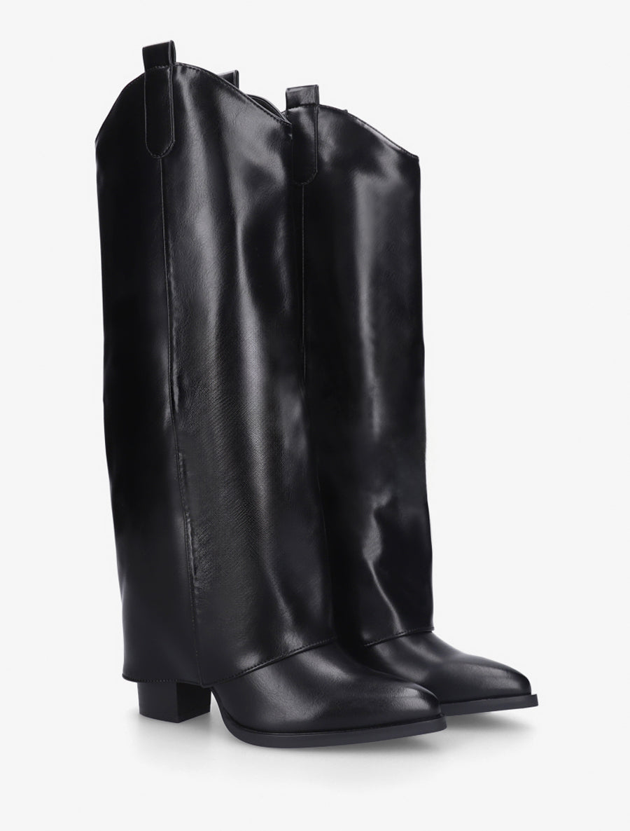 Bottes à talon et revers en simili - Noir - 4