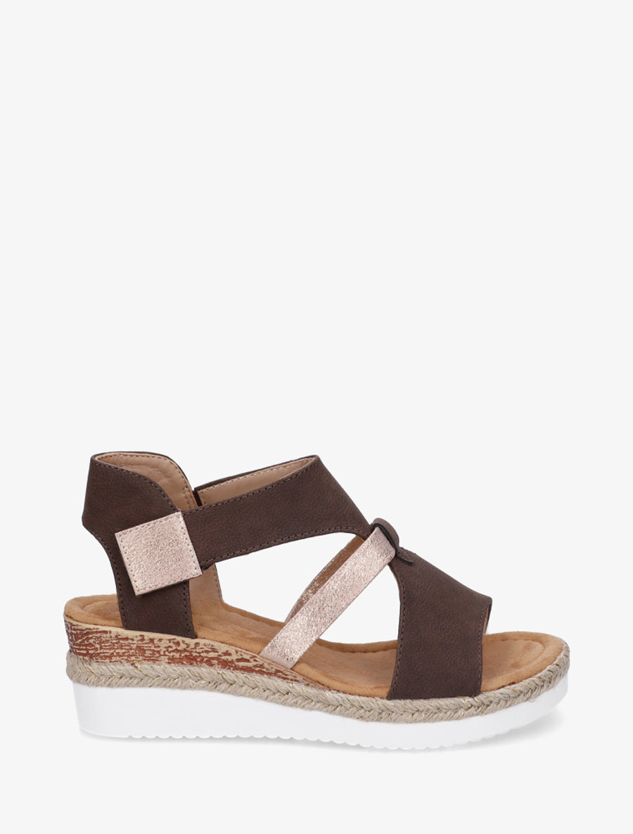 Sandales à scratch et talon compensé - Marron - 1