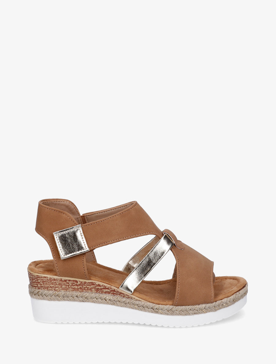 Sandales à scratch et talon compensé - Camel - 1