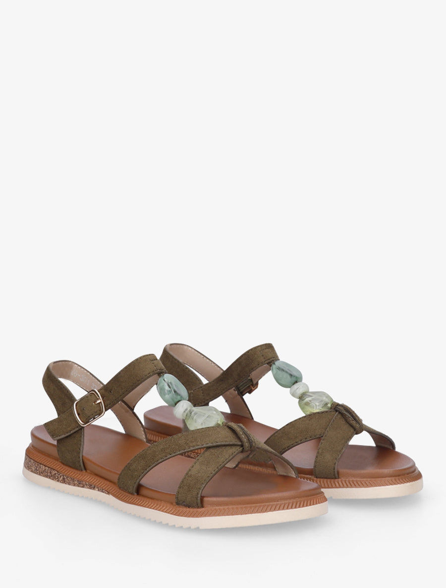 Nu-pieds en suédine à empiècement bijoux pierres - Kaki - 4