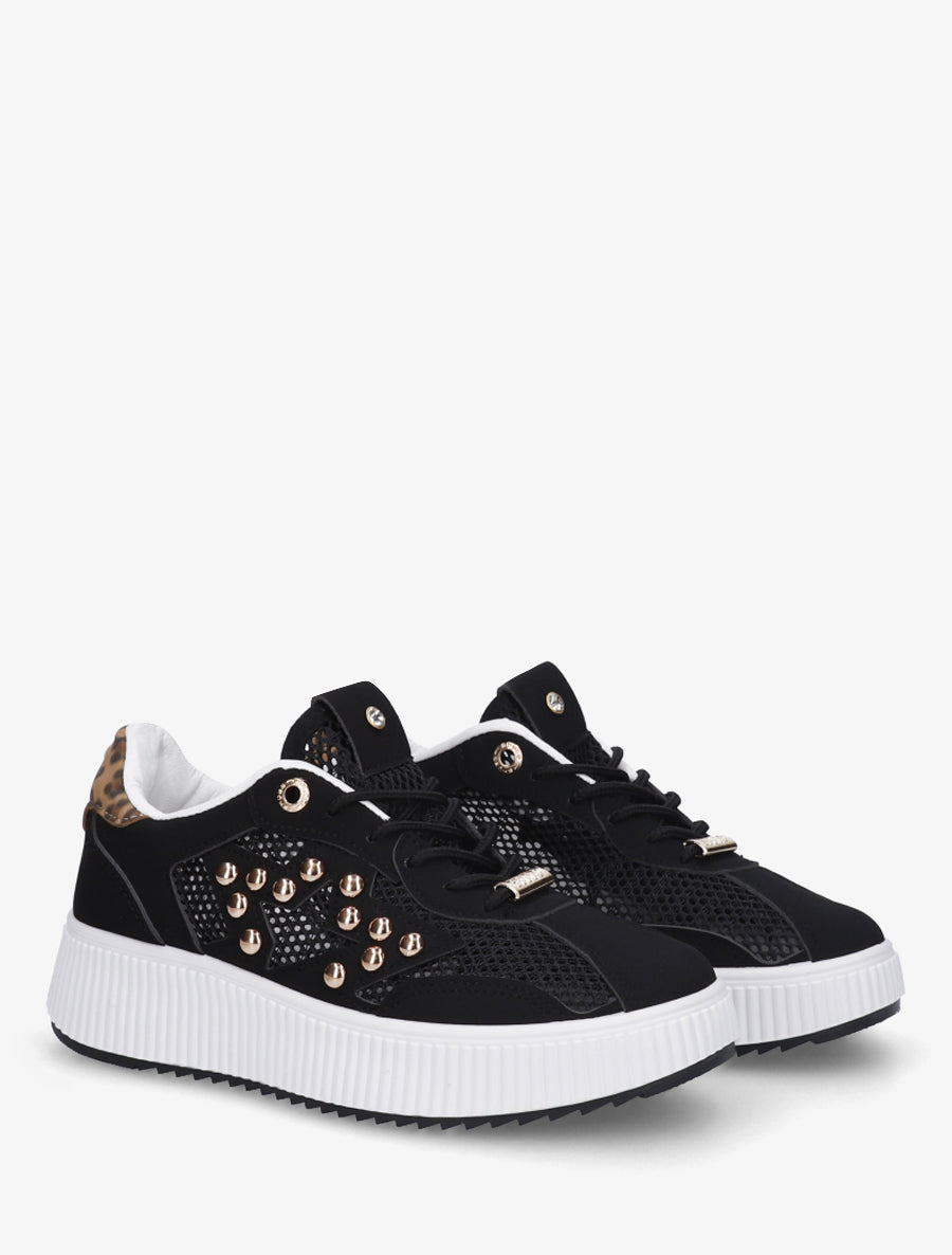 Baskets ajourées à strass et plateforme striée - Noir - 4
