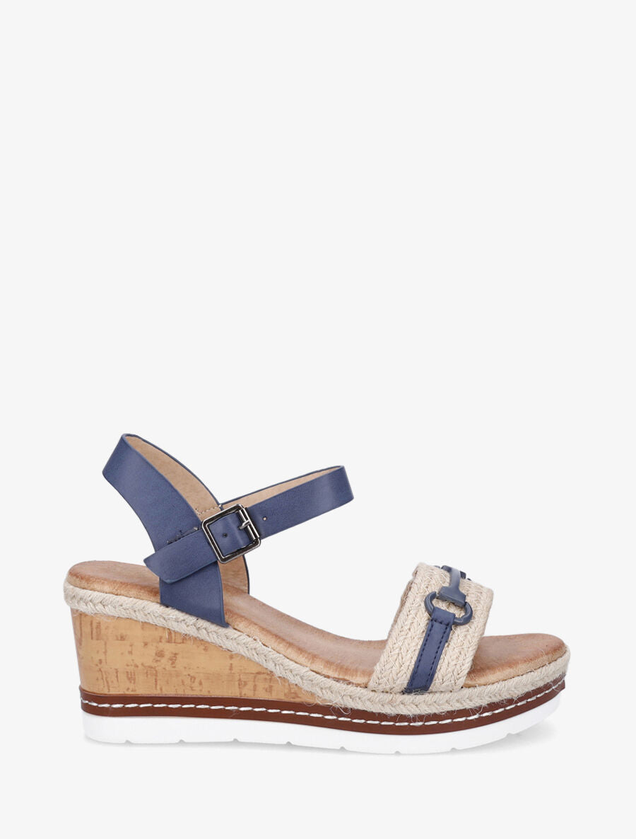 Sandales compensées à bride et tresse en raphia - Marine - 5