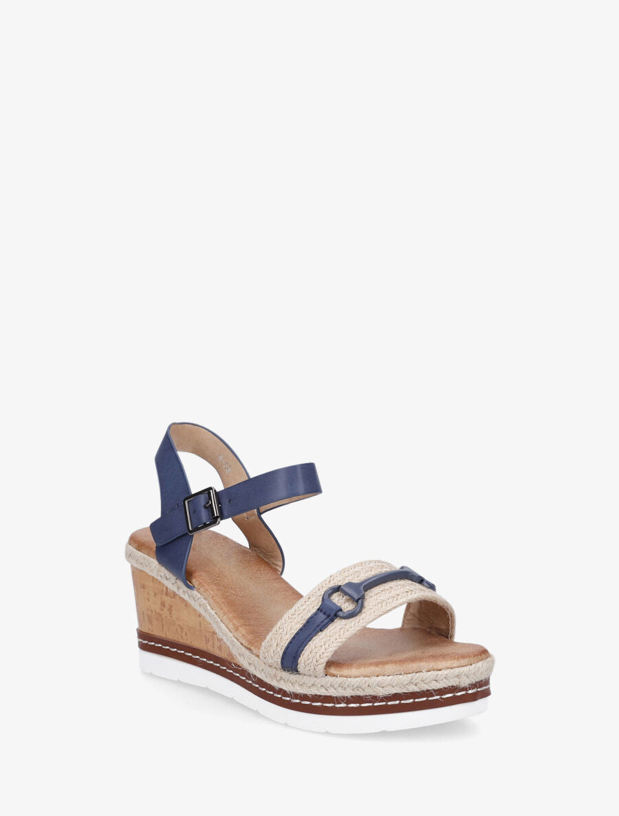Sandales compensées à bride et tresse en raphia - Marine - 2