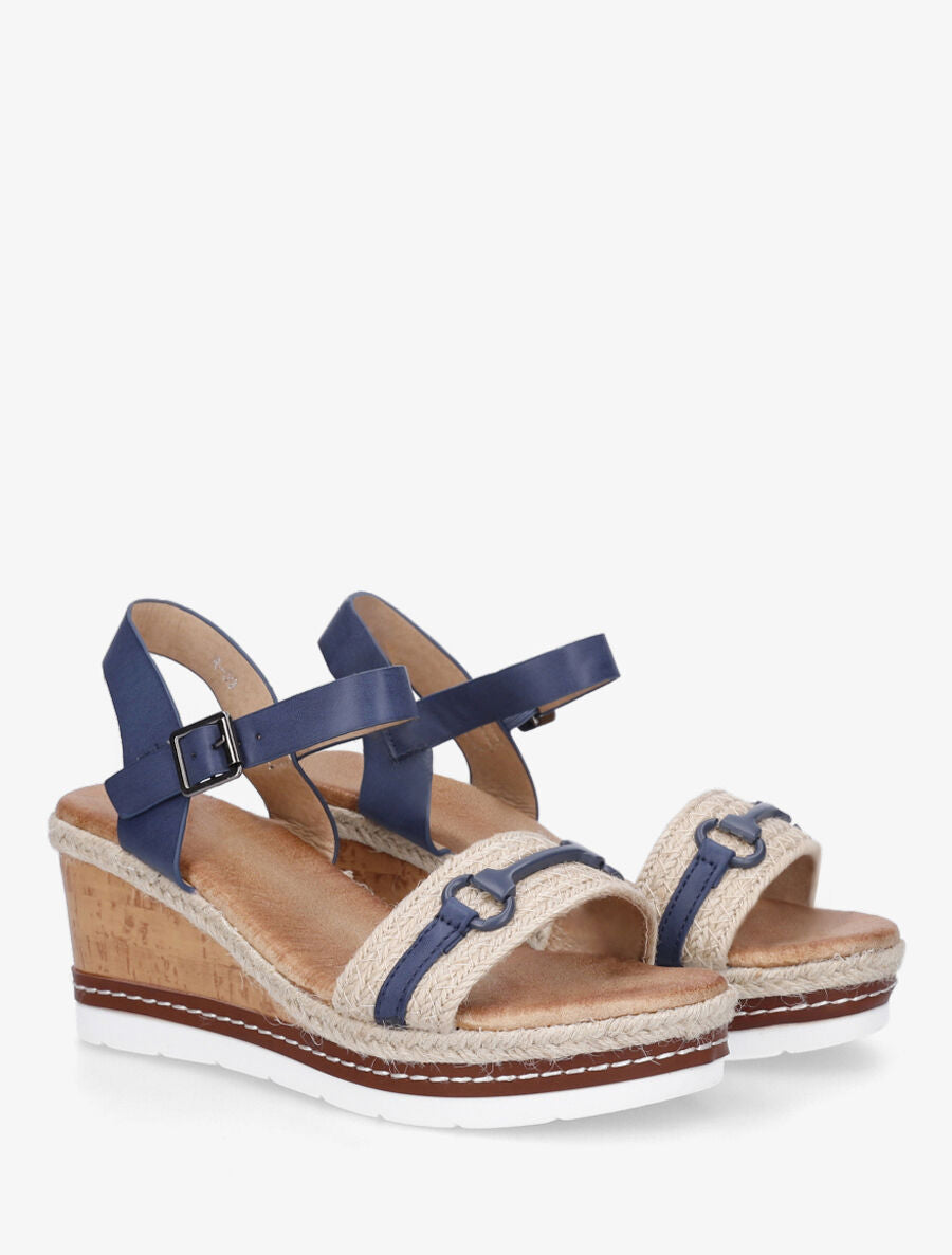 Sandales compensées à bride et tresse en raphia - Marine - 4