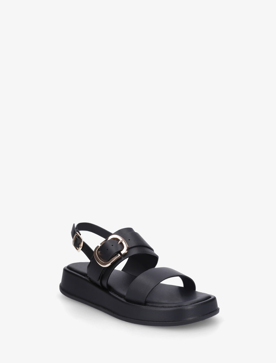 Nu-pieds uni en simili à double boucles - Noir - 2