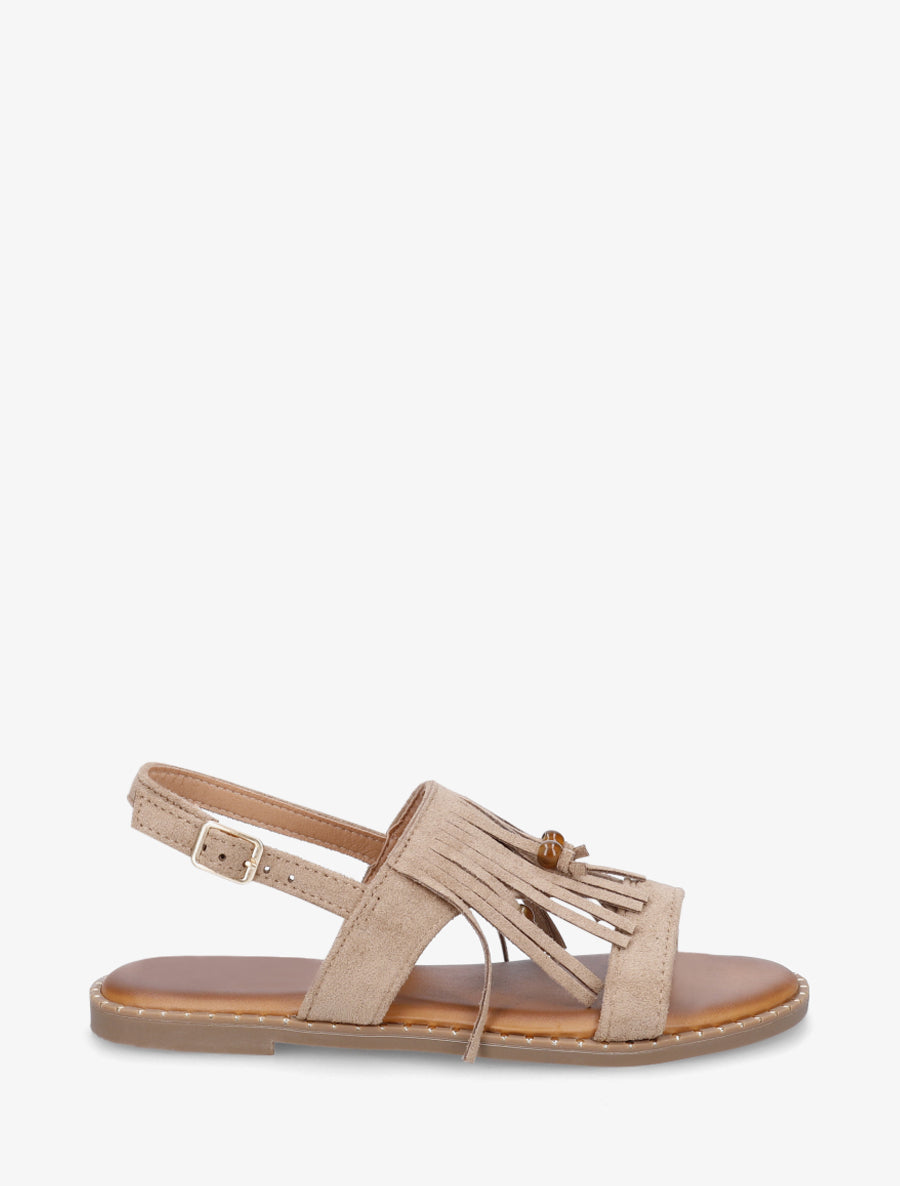 Nu-pieds en suédine à franges et perles - Taupe - 1
