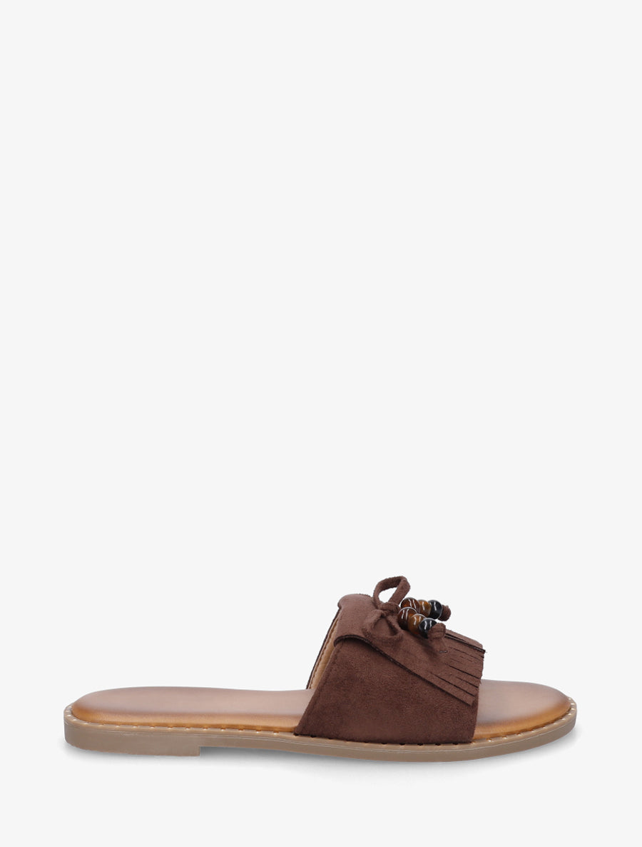 Mules plates à franges et perles en suédine - Marron - 1