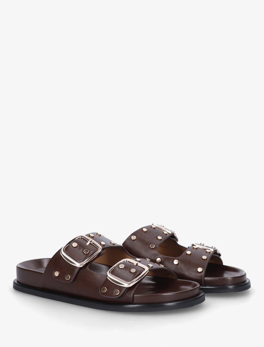 Mules plates cloutées à double boucles - Marron - 4