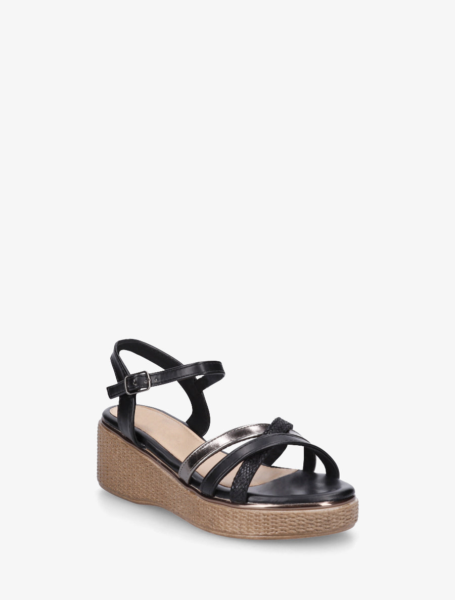 Sandales compensées à brides croisées fantaisies - Noir - 2