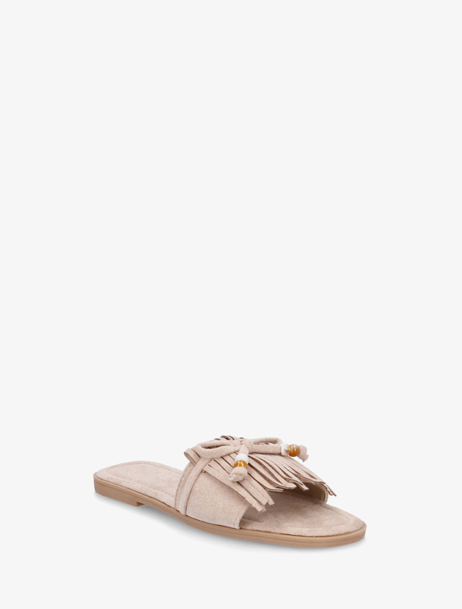 Mules en suédine à frange et noeud - Taupe - 2