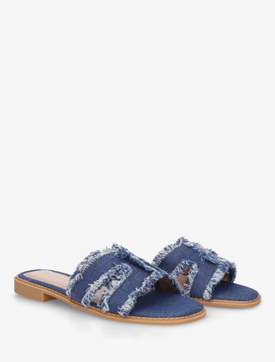 Claquettes en tissu effet effiloché - Bleu brut - 4