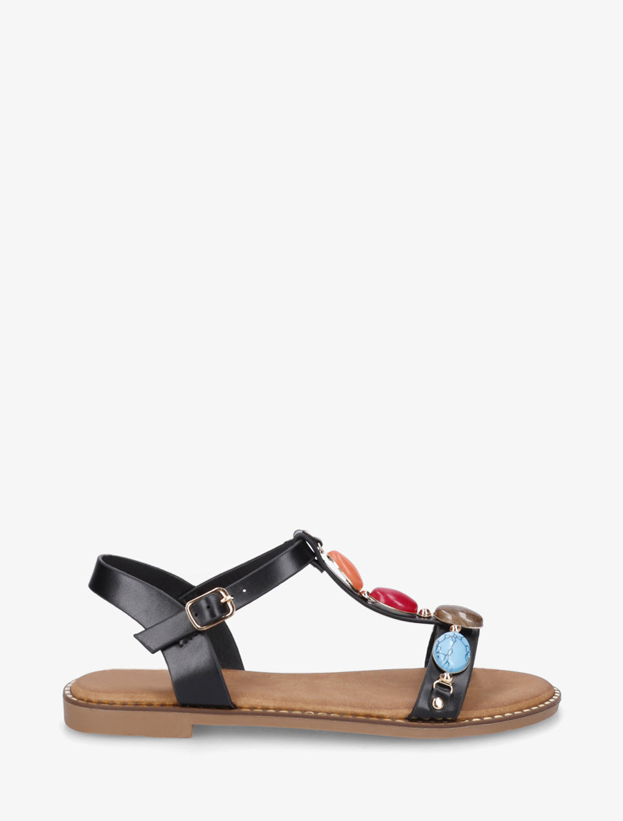 Sandales plates en simili à pierres en résine - Noir - 1