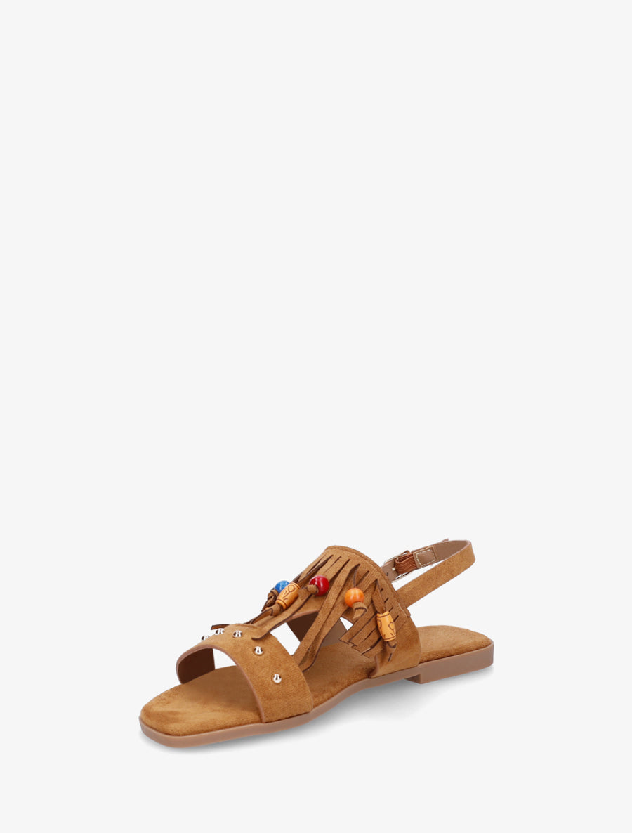 Sandales en suédine à franges et perles de bois - Camel - 3