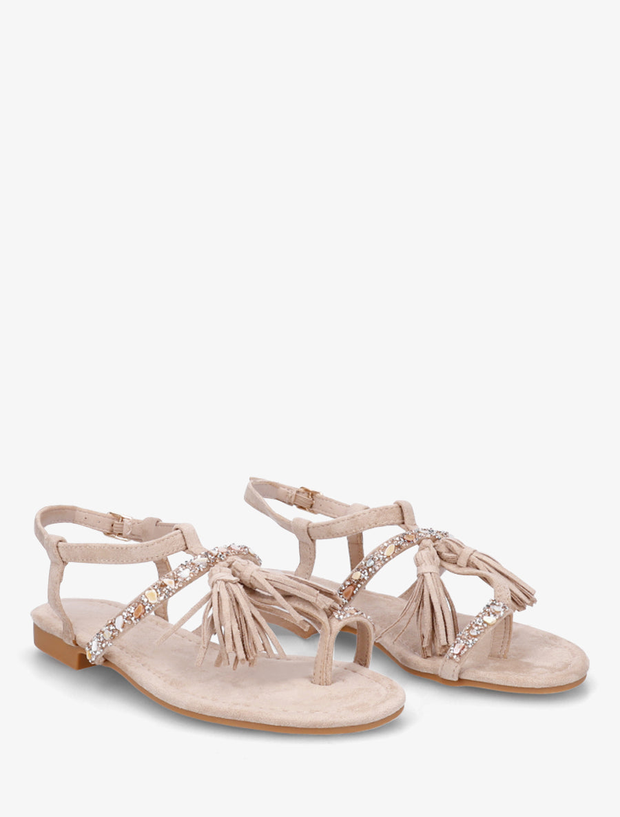 Nu-pieds en suédine à strass et pierres - Beige - 4