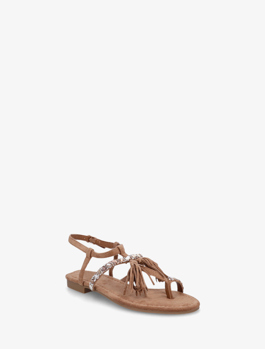 Nu-pieds en suédine à strass et pierres - Camel - 2