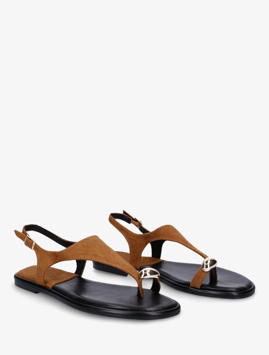Nu-pieds en suédine à entredoigt et bague métallique - Camel - 4