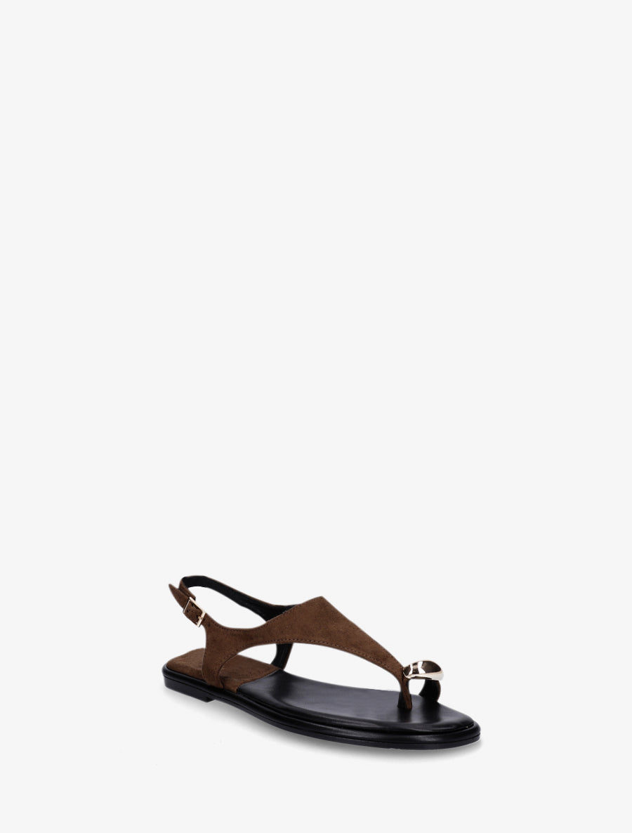 Nu-pieds en suédine à entredoigt et bague métallique - Marron - 2