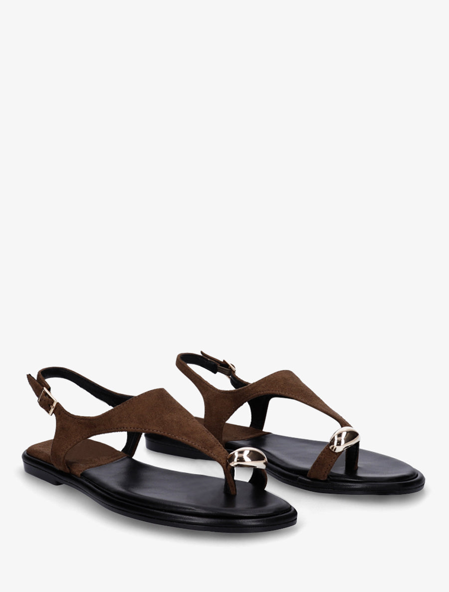 Nu-pieds en suédine à entredoigt et bague métallique - Marron - 4