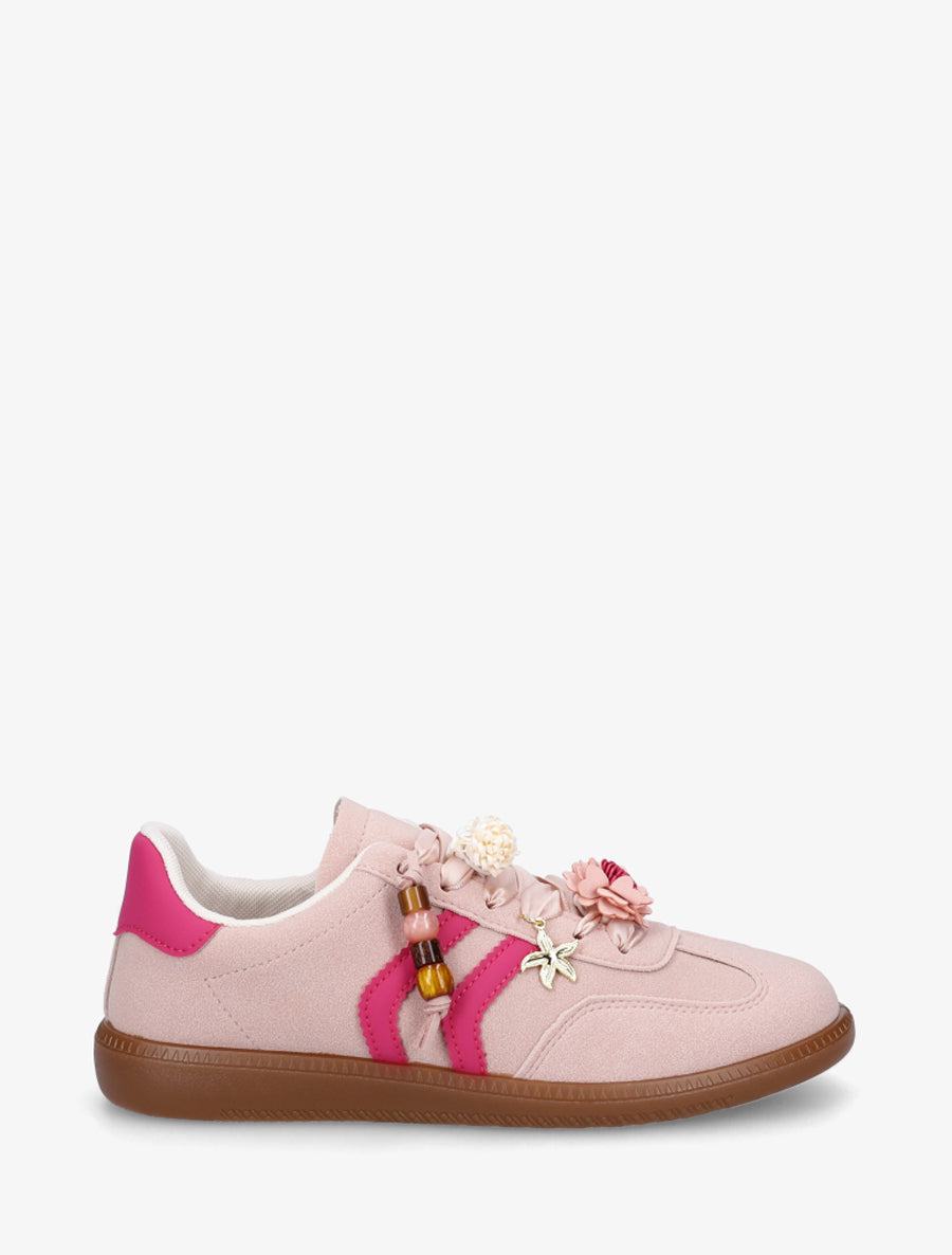 Sneakers à empiècement fleurs et bandes contrastantes - Rose - 1