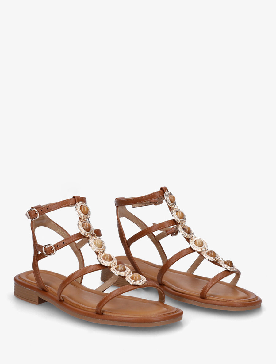 Nu-pieds style spartiates en simili à bijoux - Camel - 4