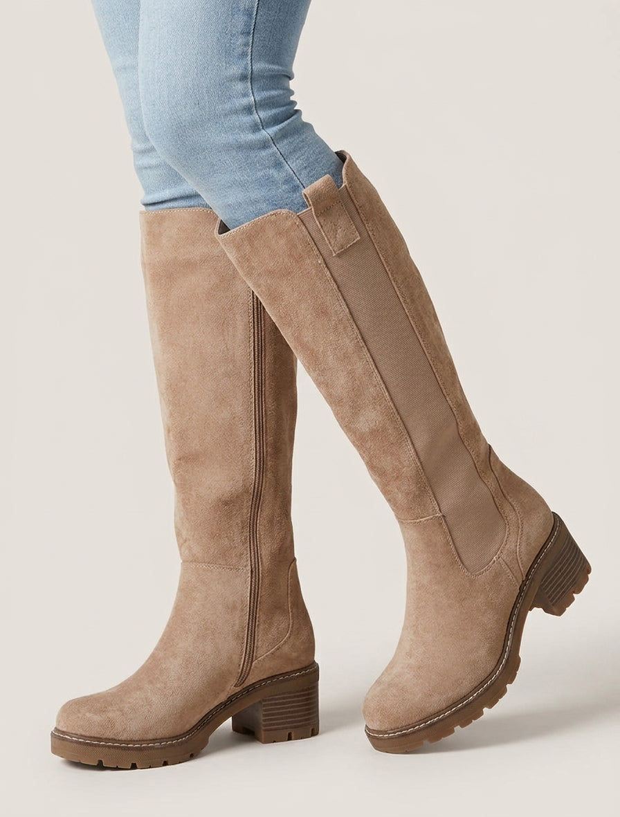 Bottes élastiquées en suédine à bout rond - Taupe