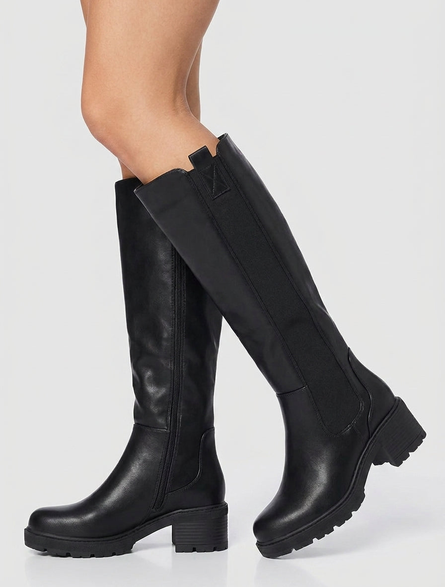 Bottes élastiquées en simili à bout rond - Noir