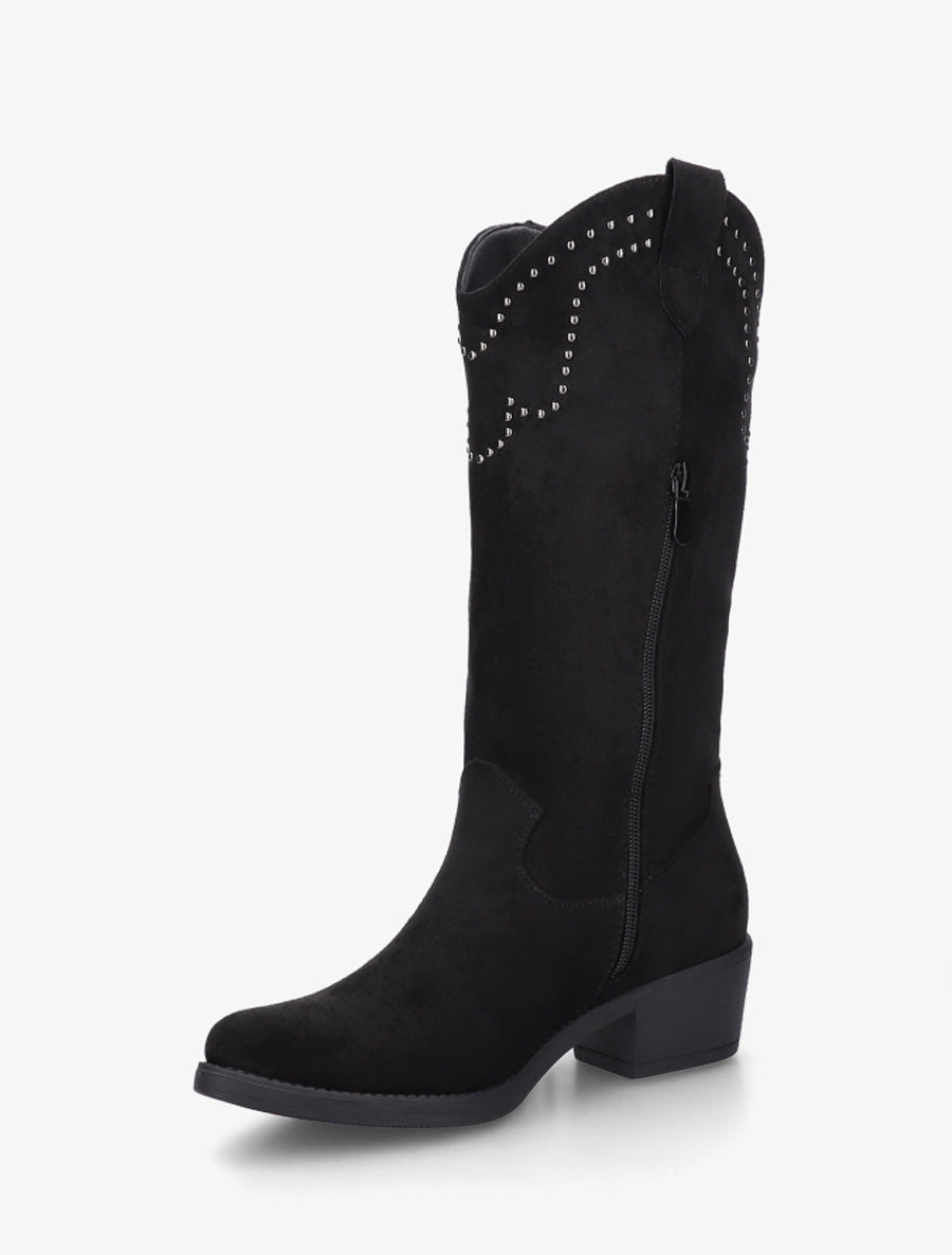 Bottines montantes en suédine à franges et clous - Noir - 3