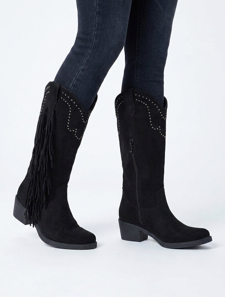 Bottines montantes en suédine à franges et clous - Noir