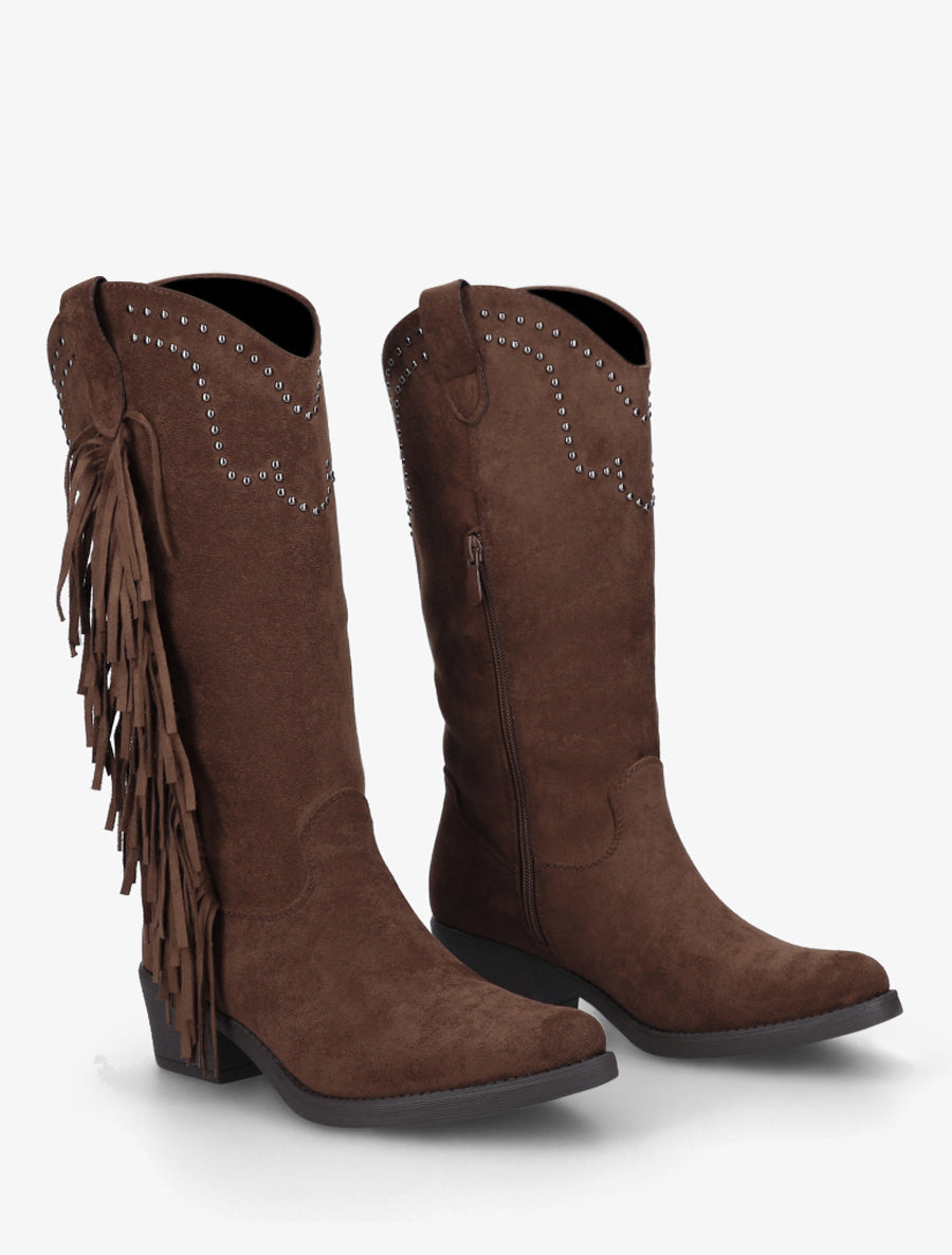 Bottines montantes en suédine à franges et clous - Marron clair - 4