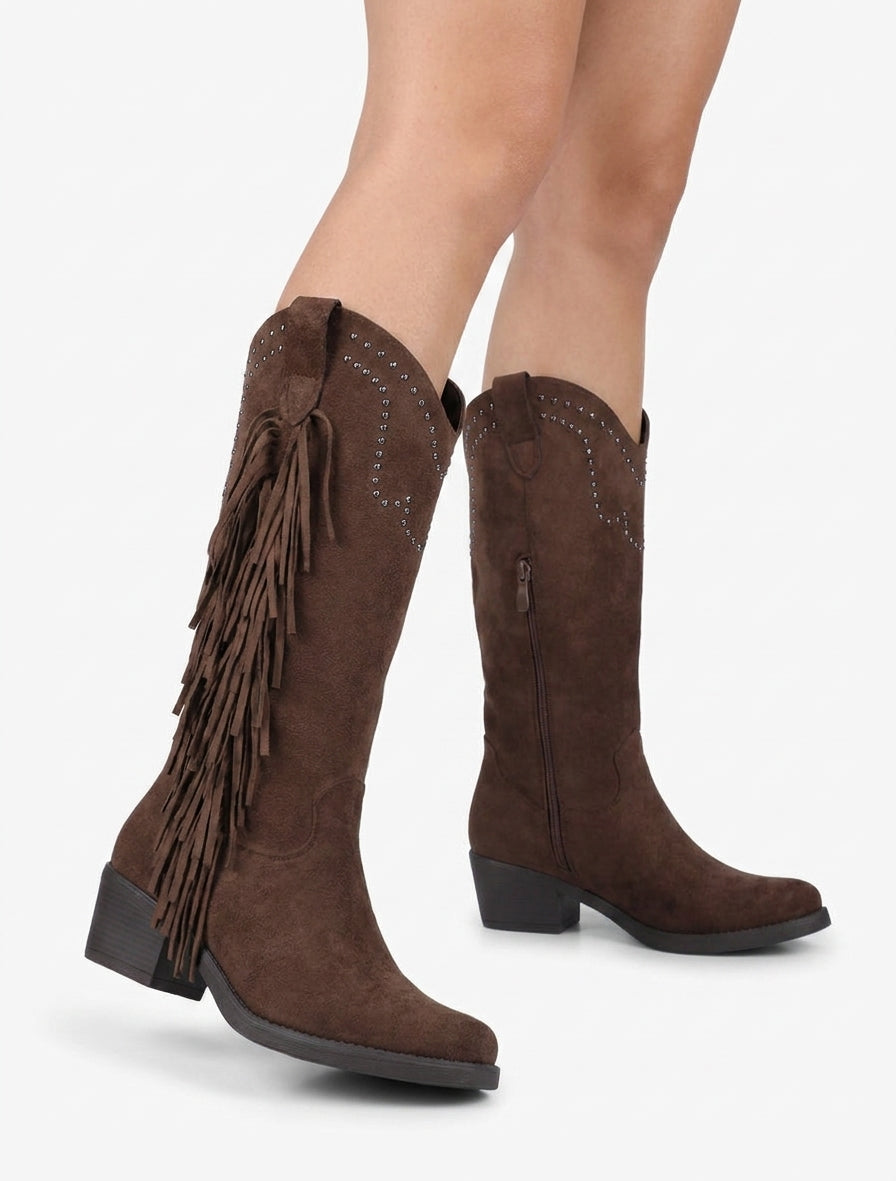 Bottines montantes en suédine à franges et clous - Marron clair