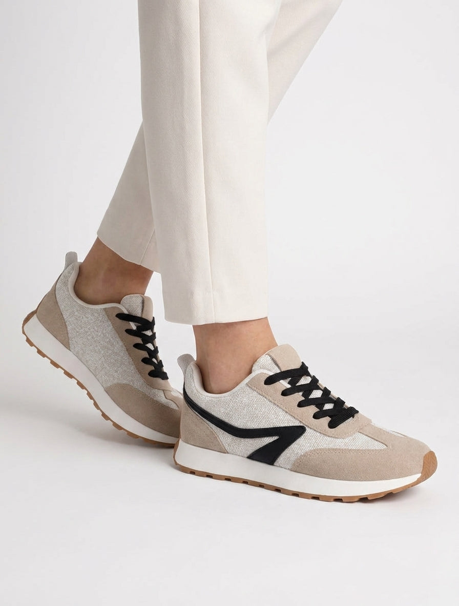 Sneakers à empiècement tissu et effet nubuck - Taupe
