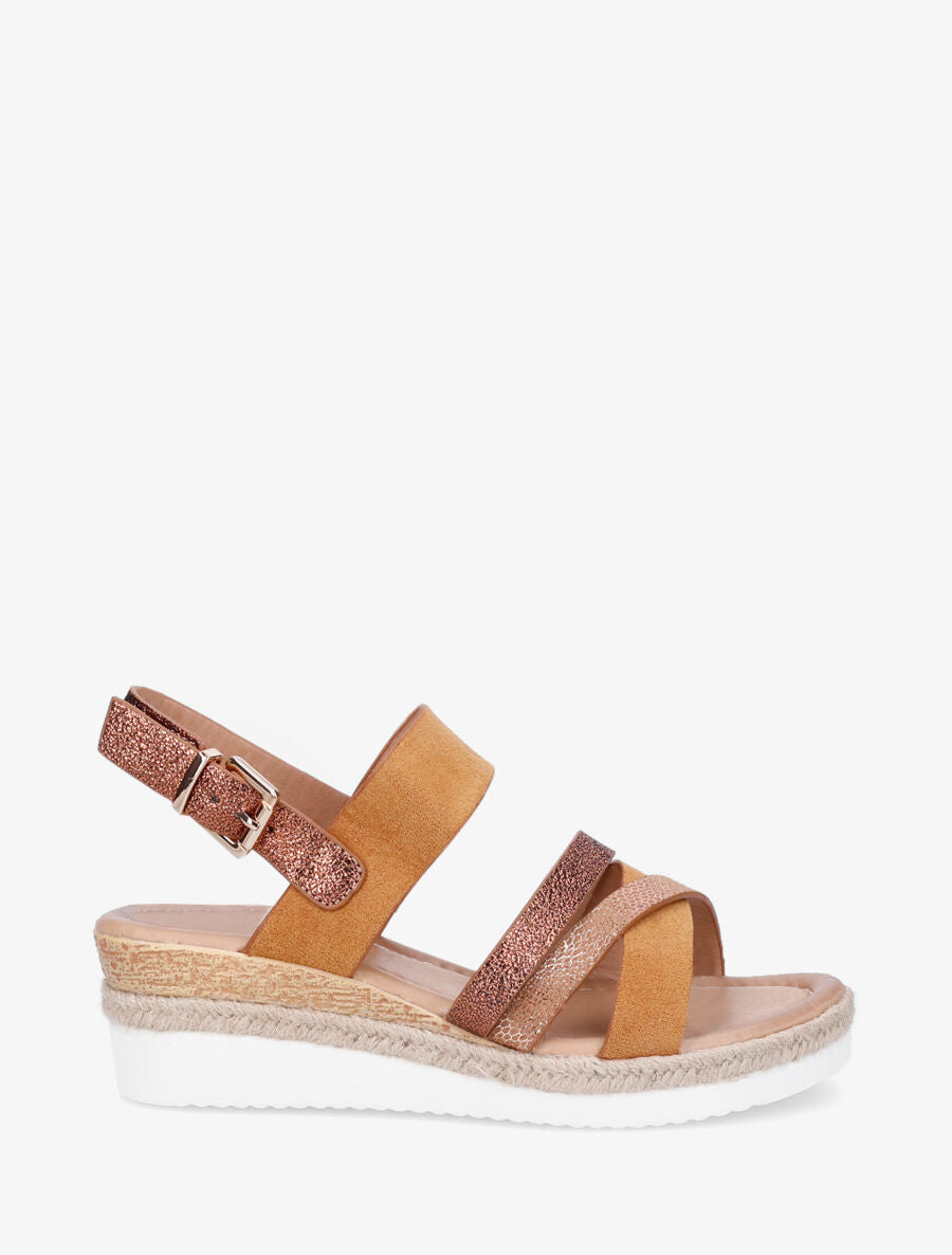 Sandales compensées en simili et suédine - Camel - 1