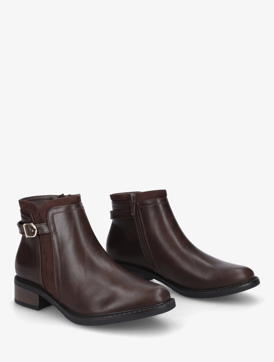 Bottines en simili à boucle et empiècement suédine - Marron - 4
