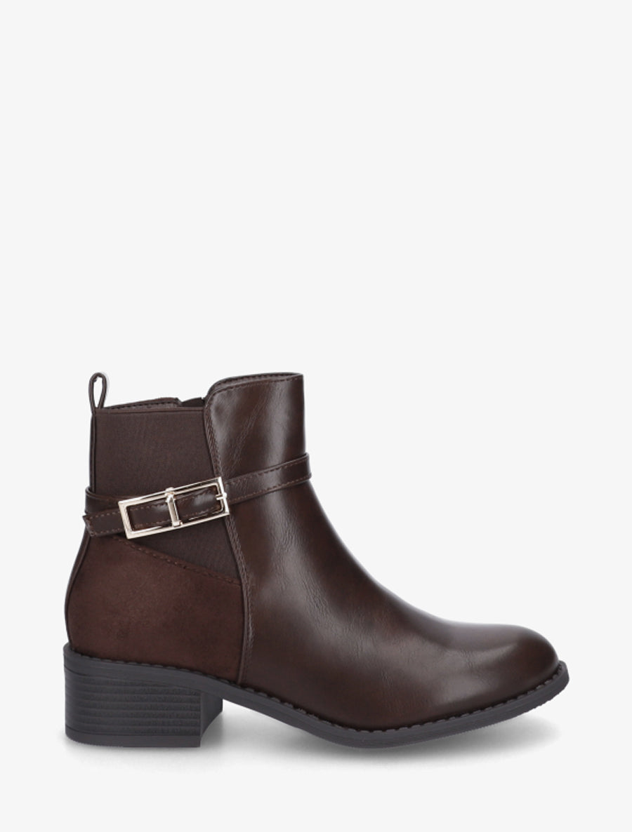 Bottines élastiquées bimatière à boucle métal - Marron - 1