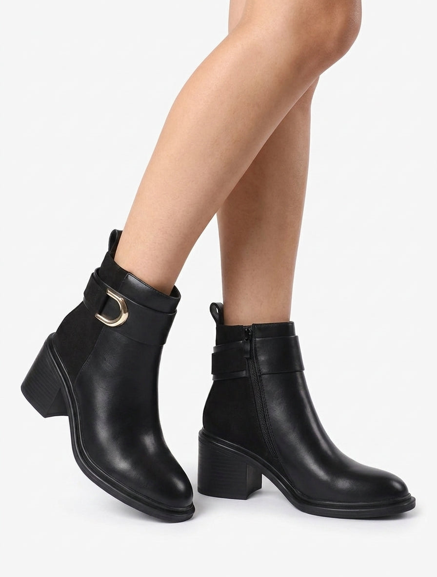 Bottines bimatière à talon bloc - Noir